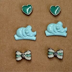 Whimsical Heart 🩵 Elephant 🤍 Bow 💚 Stud Earrings Set Green Turquoise Enamel